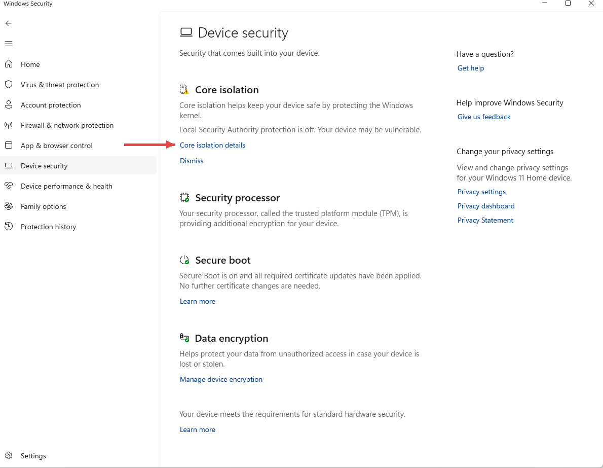 Windows Security Device security page with a red arrow pointing at Core isolation details