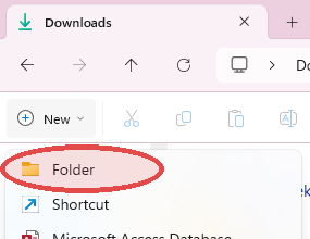 File Explorer's + New dropdown open, with Folder circled in red