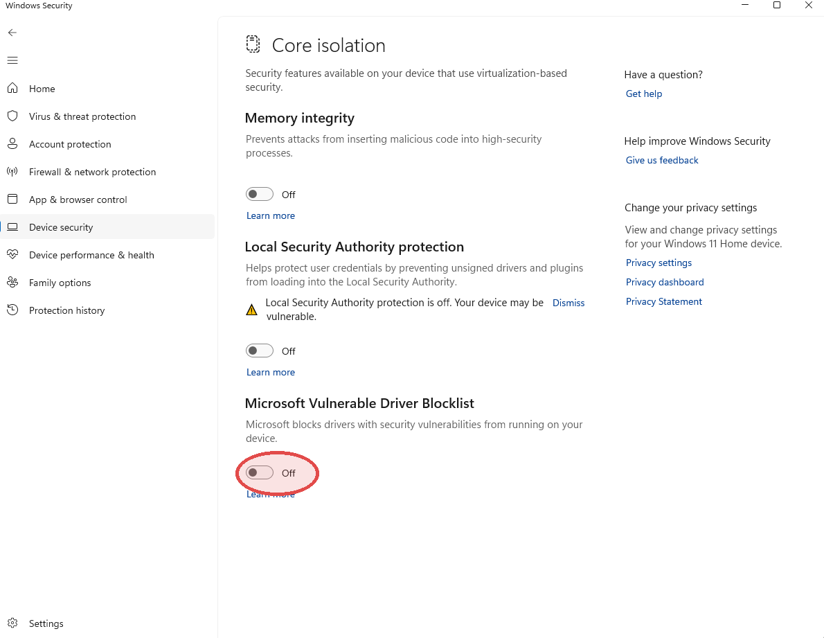 Core isolation page with the Microsoft Vulnerable Driver Blocklist Off toggle circled in red